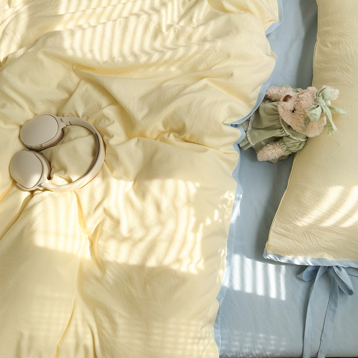 91家纺网 家纺一手货源 找家纺 尤米 2025新款水洗棉撞色绑带款四件套 绑带款-芝士黄