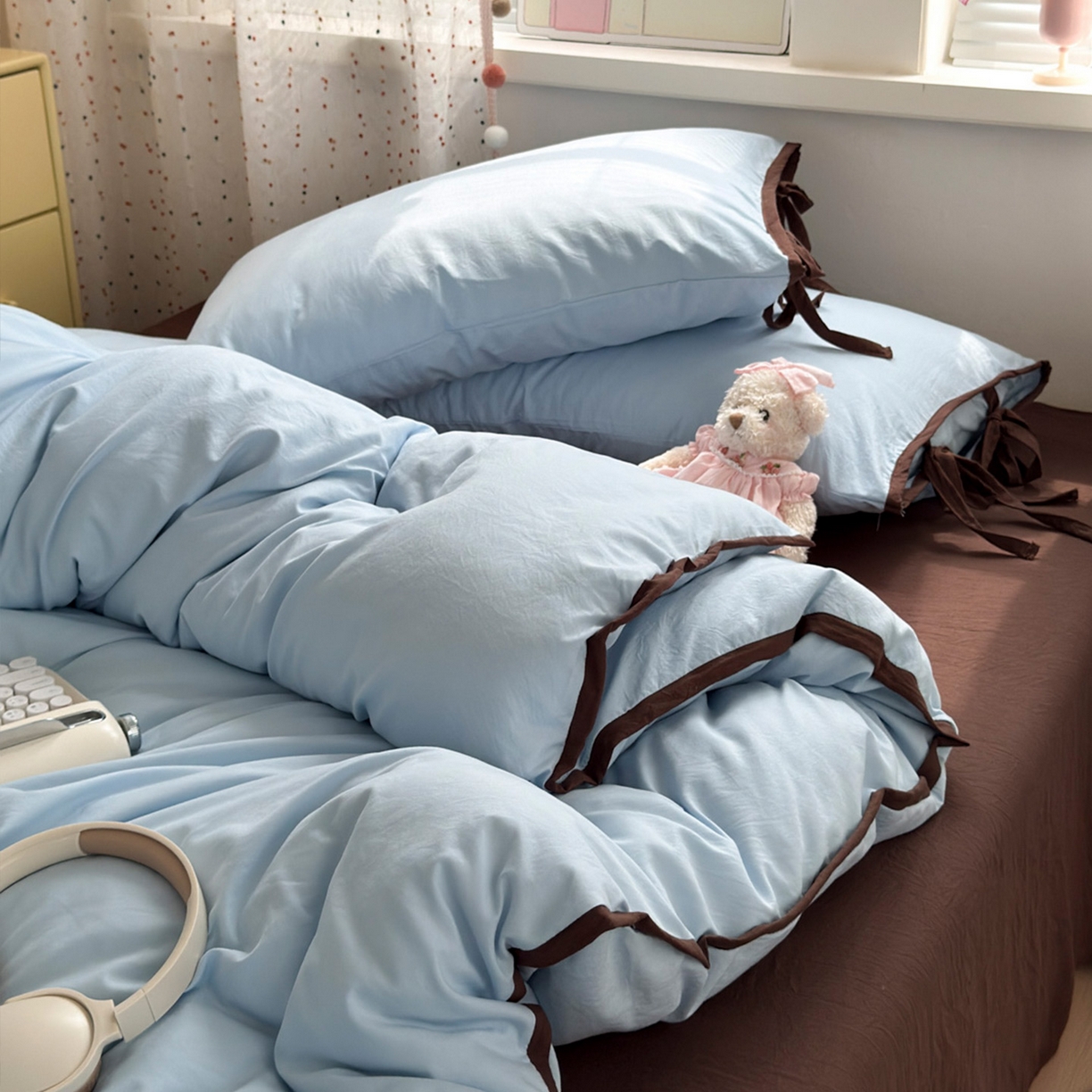 91家纺网 家纺一手货源 找家纺 尤米 2025新款水洗棉撞色绑带款四件套 绑带款-海盐蓝