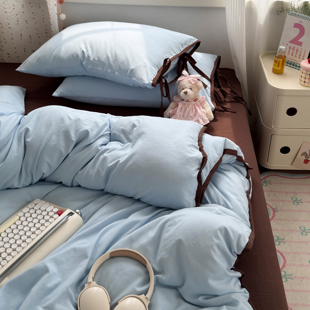 91家纺网 家纺一手货源 找家纺 尤米 2025新款水洗棉撞色绑带款四件套 绑带款-海盐蓝