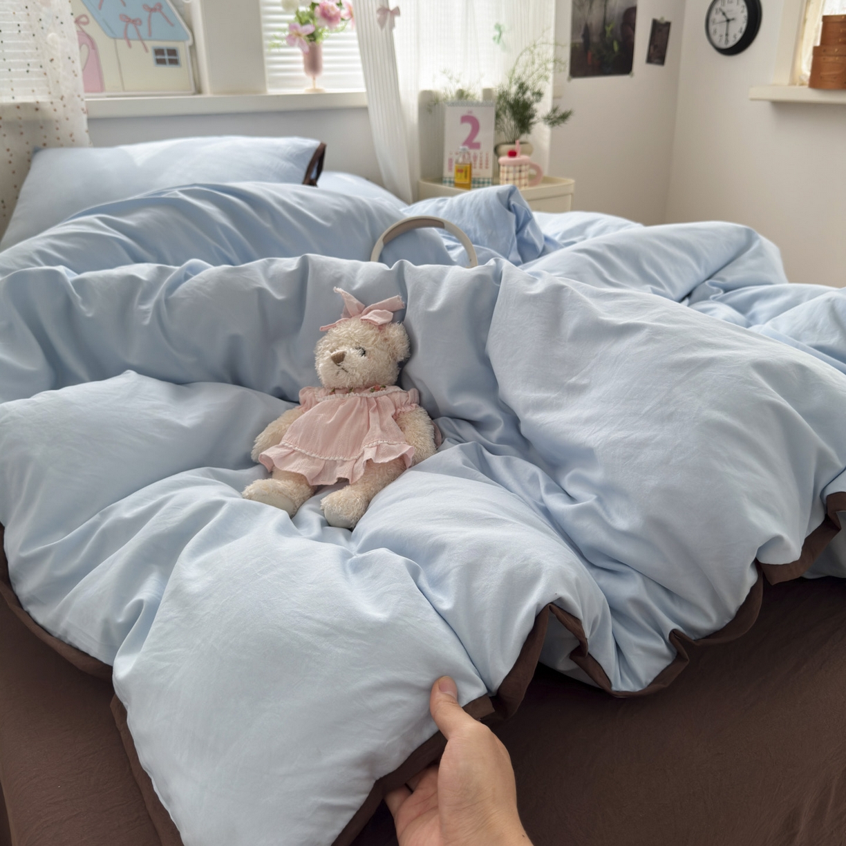 91家纺网 家纺一手货源 找家纺 尤米 2025新款水洗棉撞色绑带款四件套 绑带款-海盐蓝