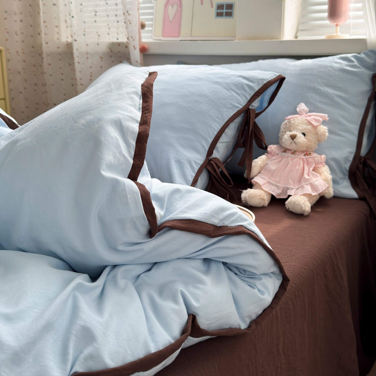 91家纺网 家纺一手货源 找家纺 尤米 2025新款水洗棉撞色绑带款四件套 绑带款-海盐蓝