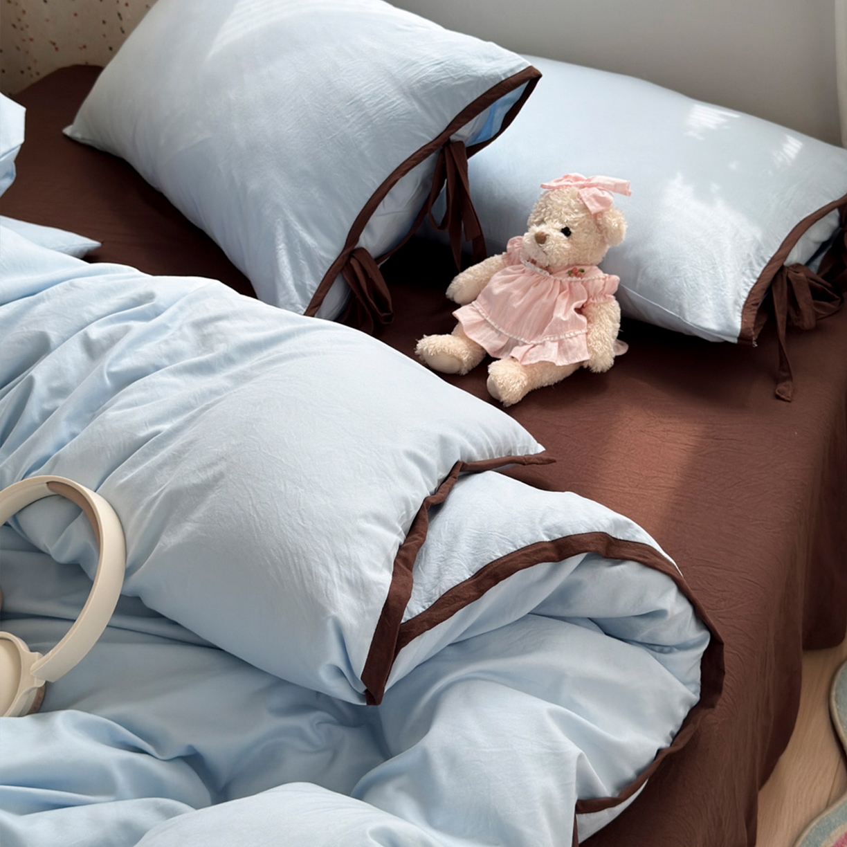 91家纺网 家纺一手货源 找家纺 尤米 2025新款水洗棉撞色绑带款四件套 绑带款-海盐蓝