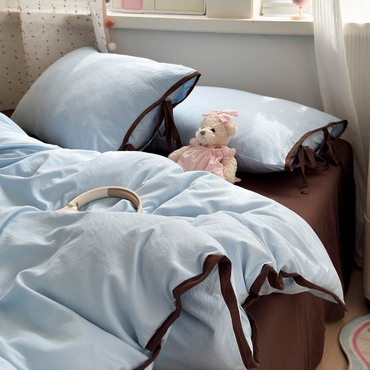 91家纺网 家纺一手货源 找家纺 尤米 2025新款水洗棉撞色绑带款四件套 绑带款-海盐蓝