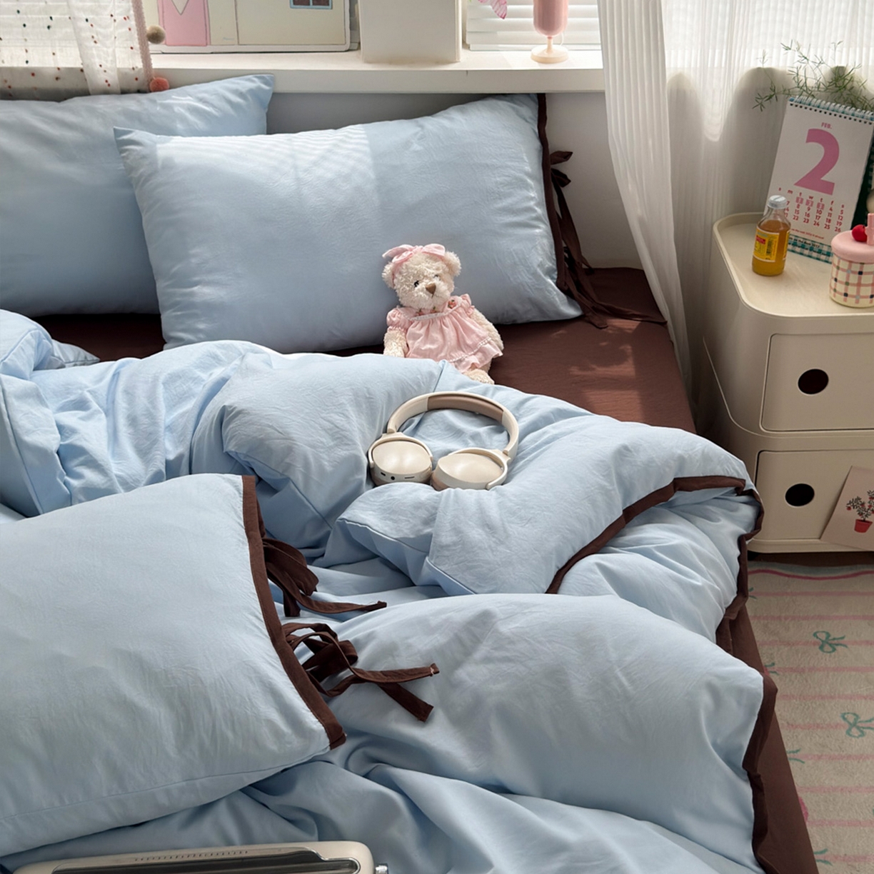 91家纺网 家纺一手货源 找家纺 尤米 2025新款水洗棉撞色绑带款四件套 绑带款-海盐蓝