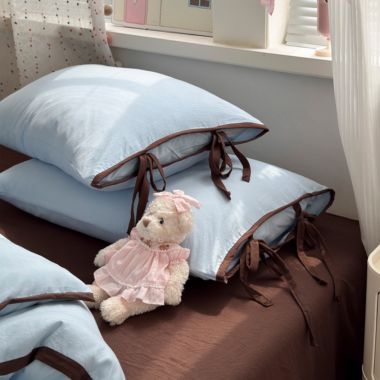 91家纺网 家纺一手货源 找家纺 尤米 2025新款水洗棉撞色绑带款四件套 绑带款-海盐蓝