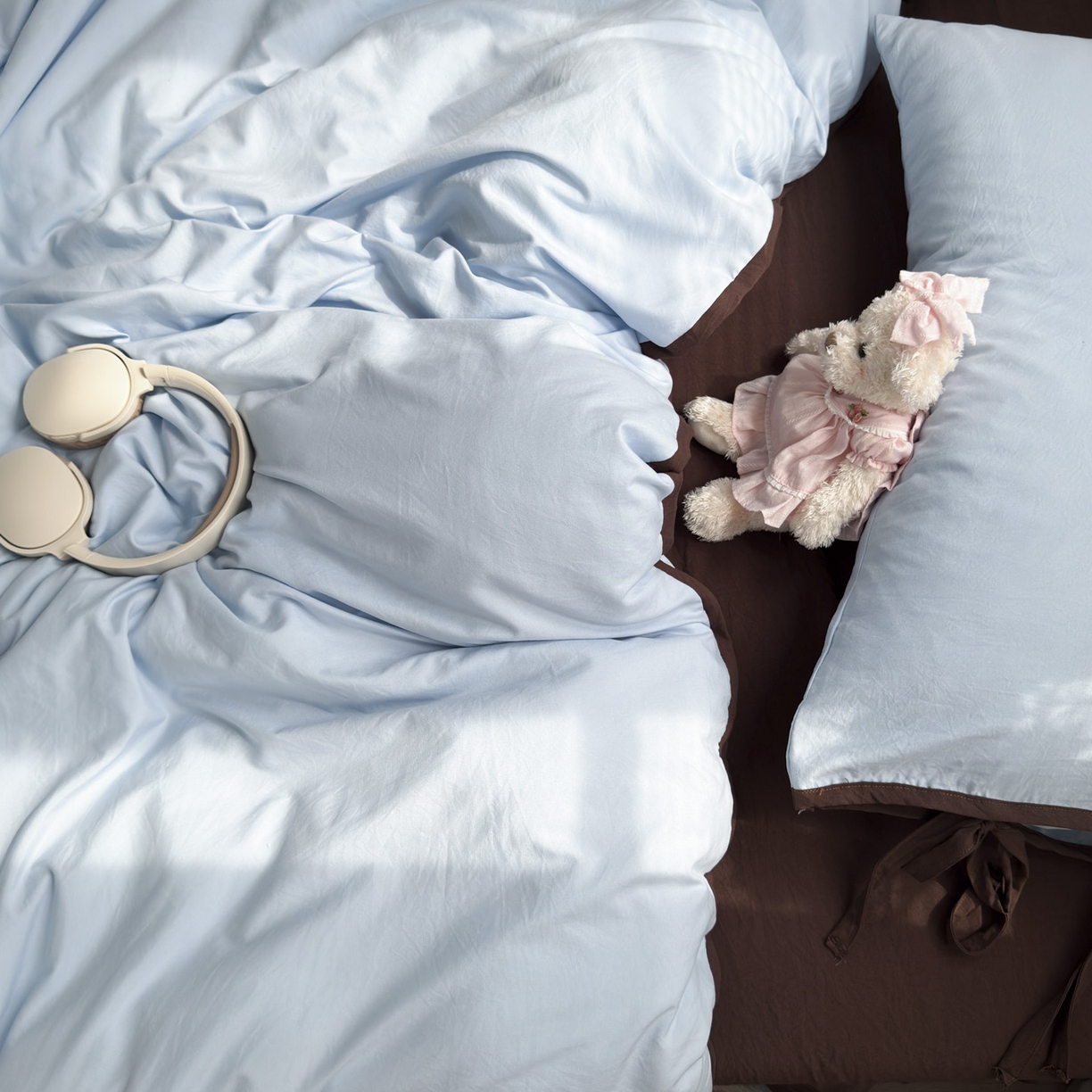 91家纺网 家纺一手货源 找家纺 尤米 2025新款水洗棉撞色绑带款四件套 绑带款-海盐蓝