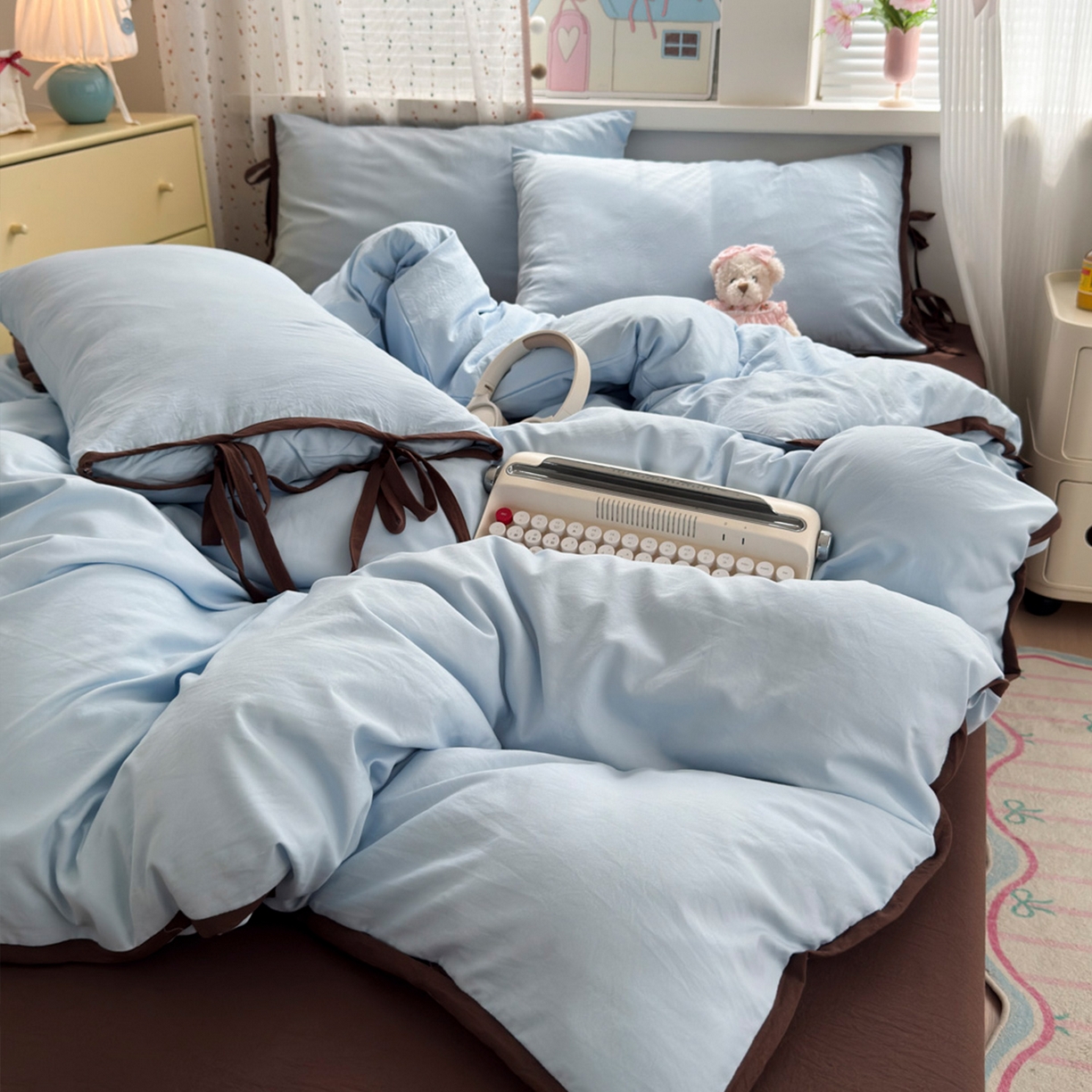 91家纺网 家纺一手货源 找家纺 尤米 2025新款水洗棉撞色绑带款四件套 绑带款-海盐蓝