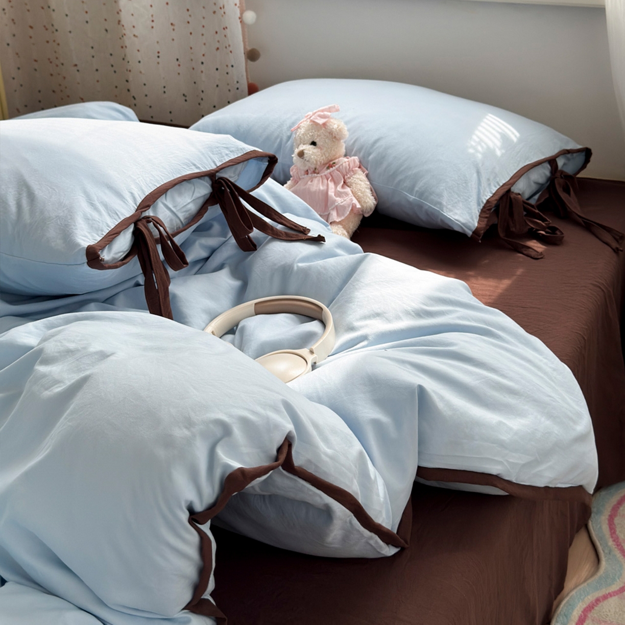 91家纺网 家纺一手货源 找家纺 尤米 2025新款水洗棉撞色绑带款四件套 绑带款-海盐蓝