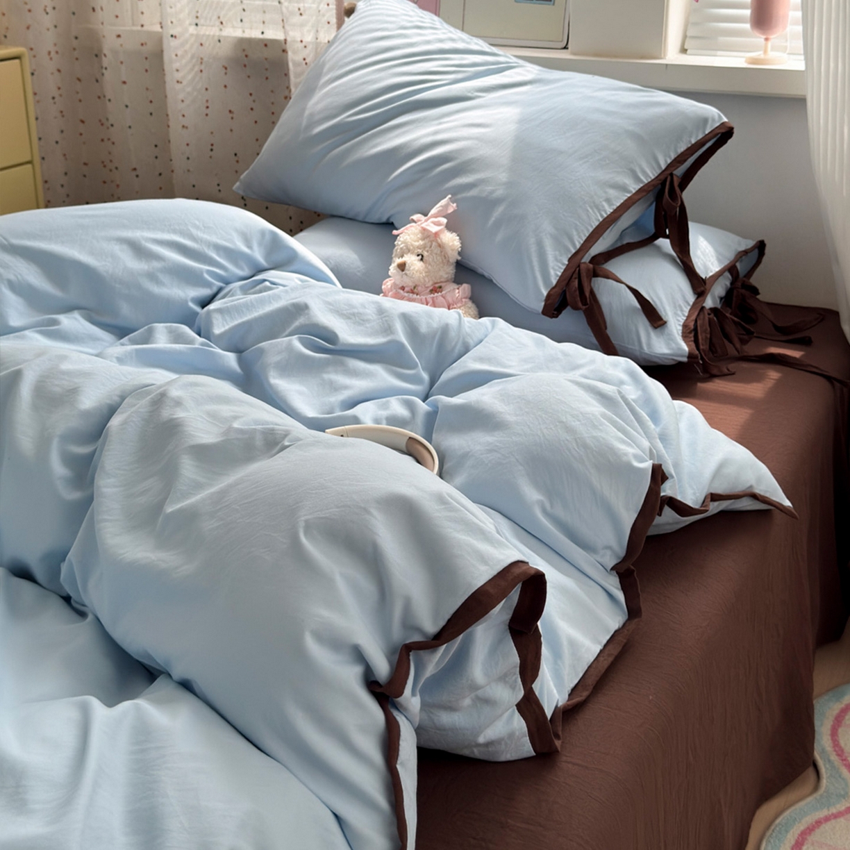 91家纺网 家纺一手货源 找家纺 尤米 2025新款水洗棉撞色绑带款四件套 绑带款-海盐蓝