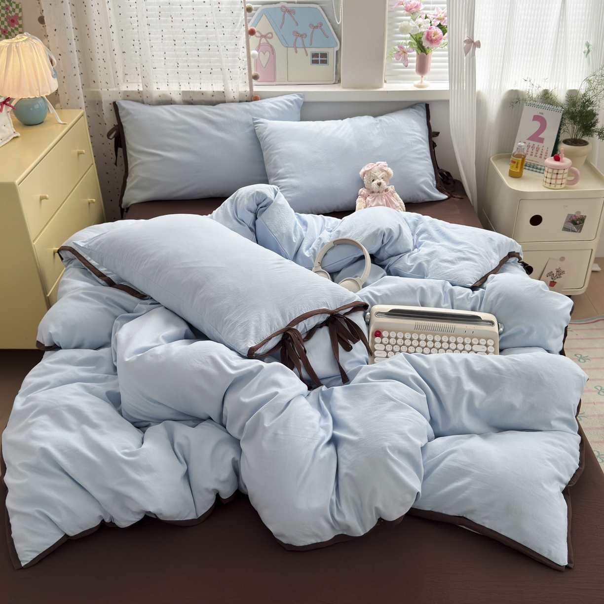 91家纺网 家纺一手货源 找家纺 尤米 2025新款水洗棉撞色绑带款四件套 绑带款-海盐蓝