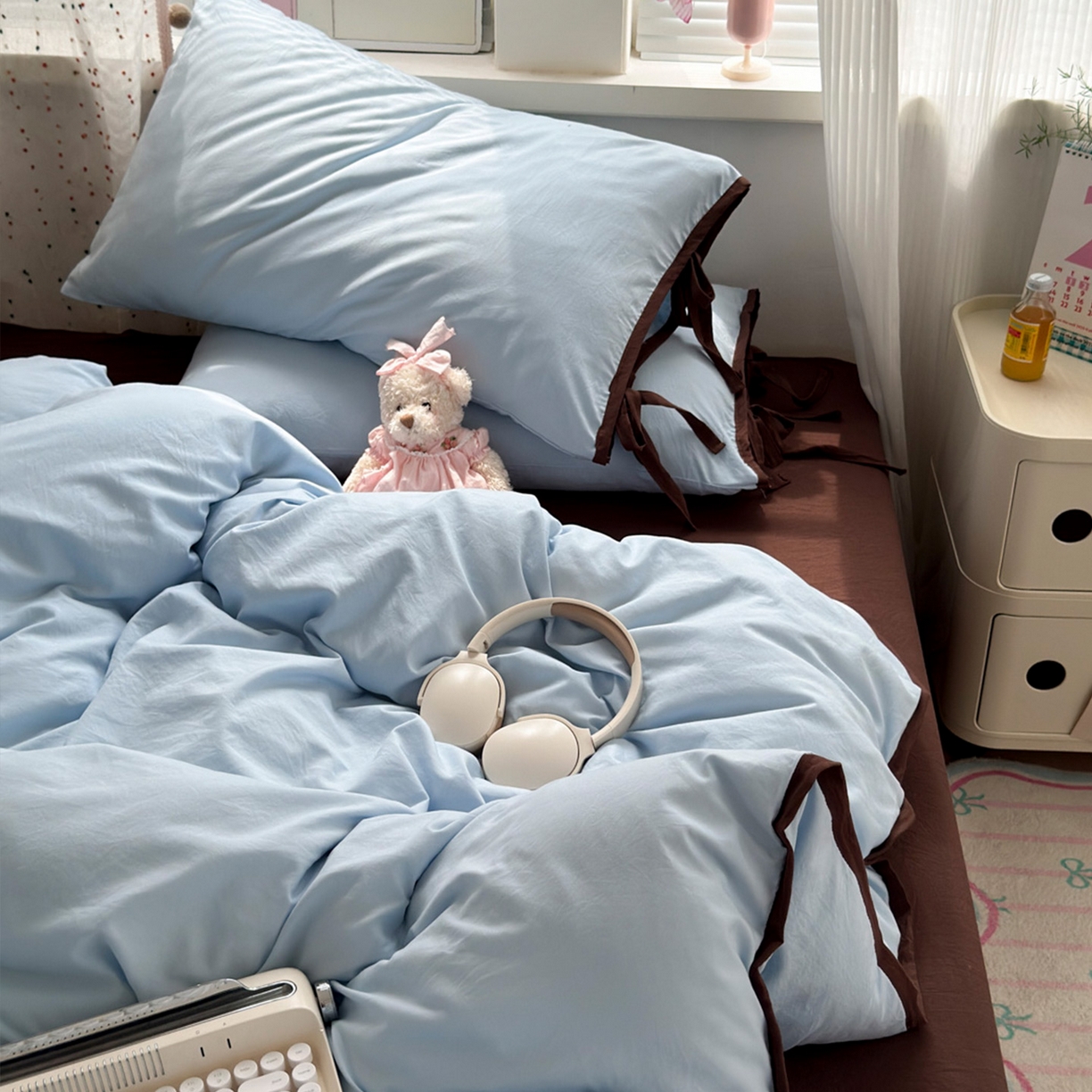 91家纺网 家纺一手货源 找家纺 尤米 2025新款水洗棉撞色绑带款四件套 绑带款-海盐蓝