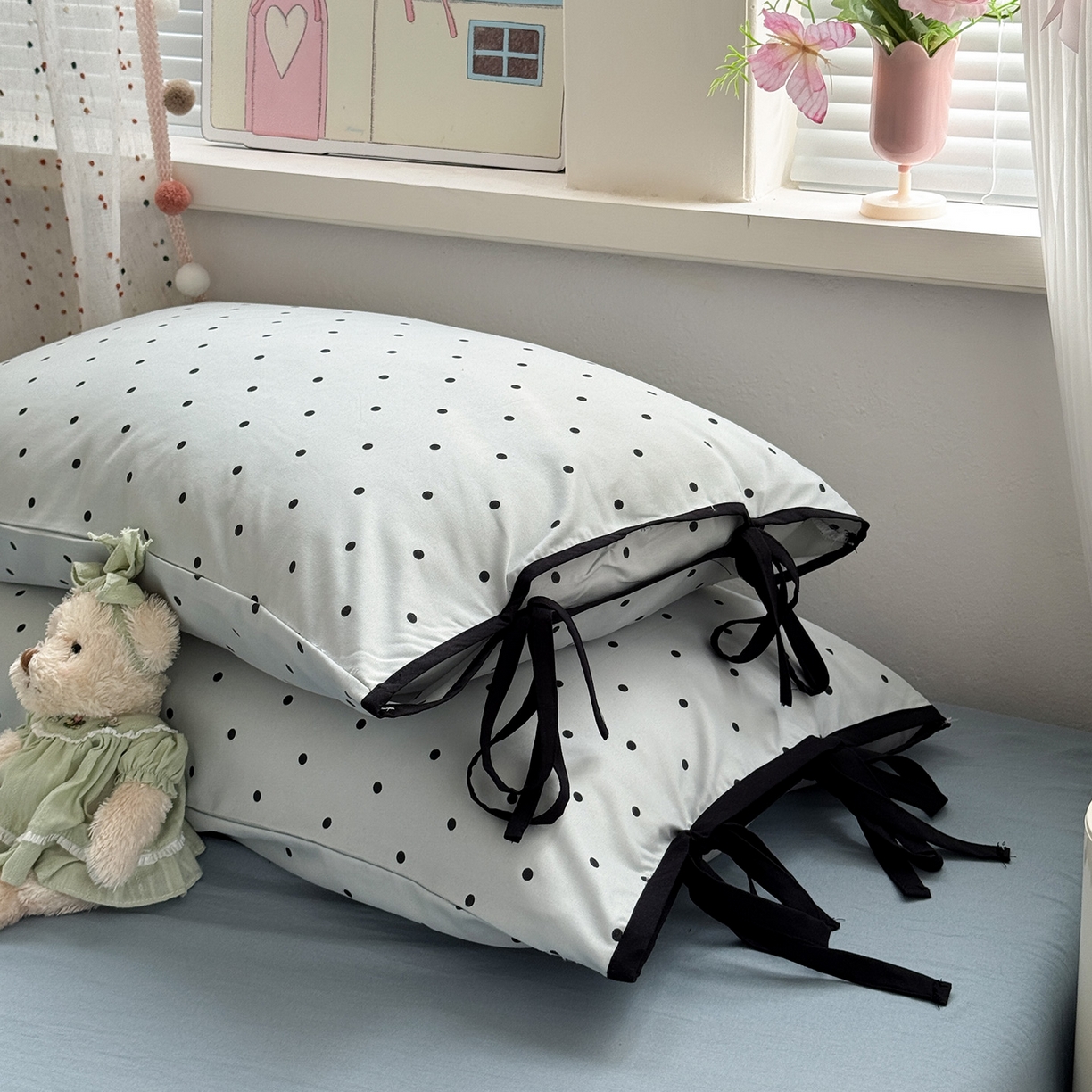 91家纺网 家纺一手货源 找家纺 尤米 2025新款水洗棉撞色绑带款四件套 绑带款-蓝波点