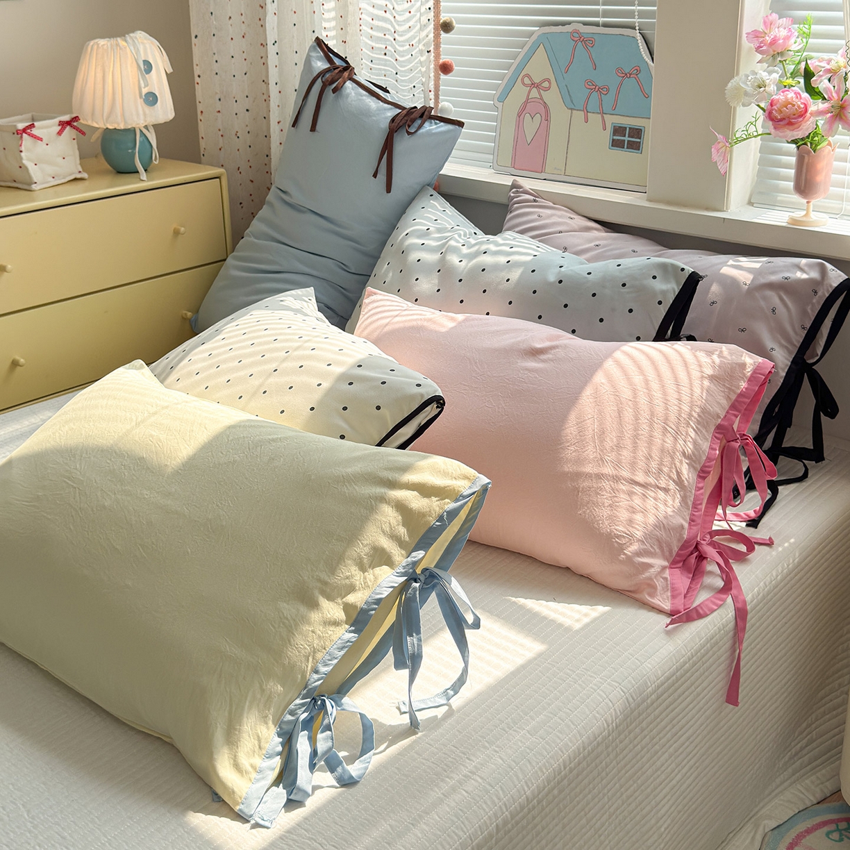 91家纺网 家纺一手货源 找家纺 尤米 2025新款水洗棉撞色绑带款四件套 组合图仅供展示