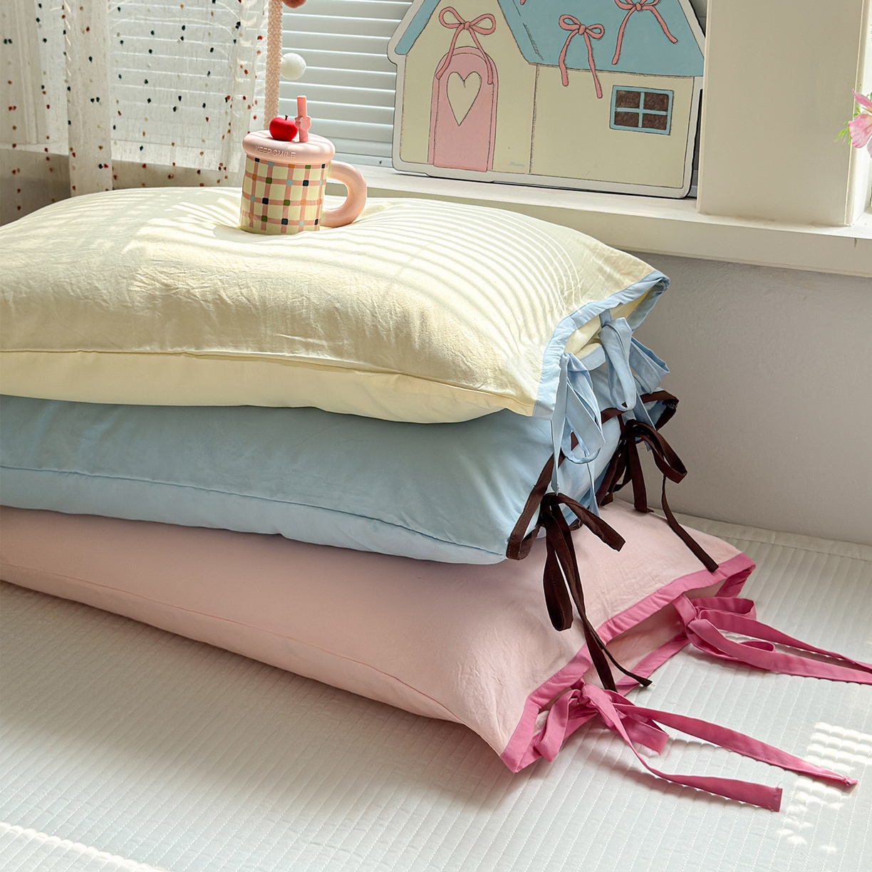 91家纺网 家纺一手货源 找家纺 尤米 2025新款水洗棉撞色绑带款四件套 组合图仅供展示