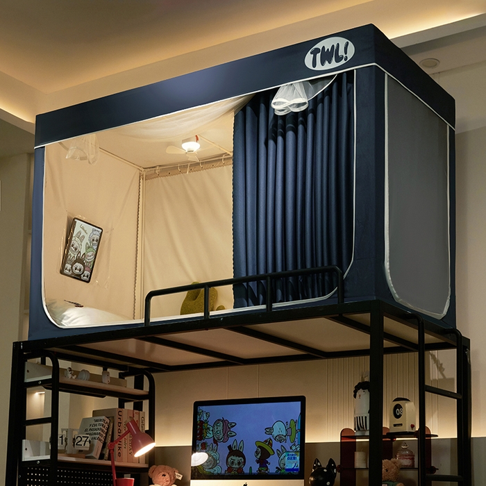 91家纺网 家纺一手货源 找家纺 青竹苑 2025新款覆膜遮光印花学生坐床蚊帐 藏青