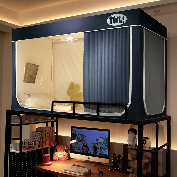 91家纺网 家纺一手货源 找家纺 青竹苑 2025新款覆膜遮光印花学生坐床蚊帐 藏青