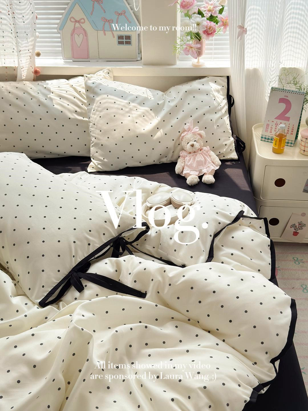 91家纺网 家纺一手货源 找家纺 尤米 2025新款水洗棉撞色绑带款四件套 绑带款-白波点