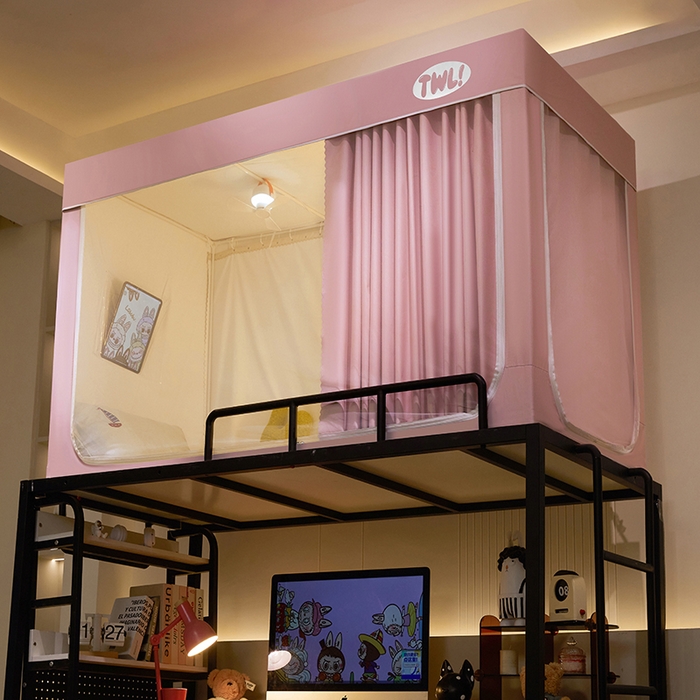 91家纺网 家纺一手货源 找家纺 青竹苑 2025新款覆膜遮光印花学生坐床蚊帐 粉