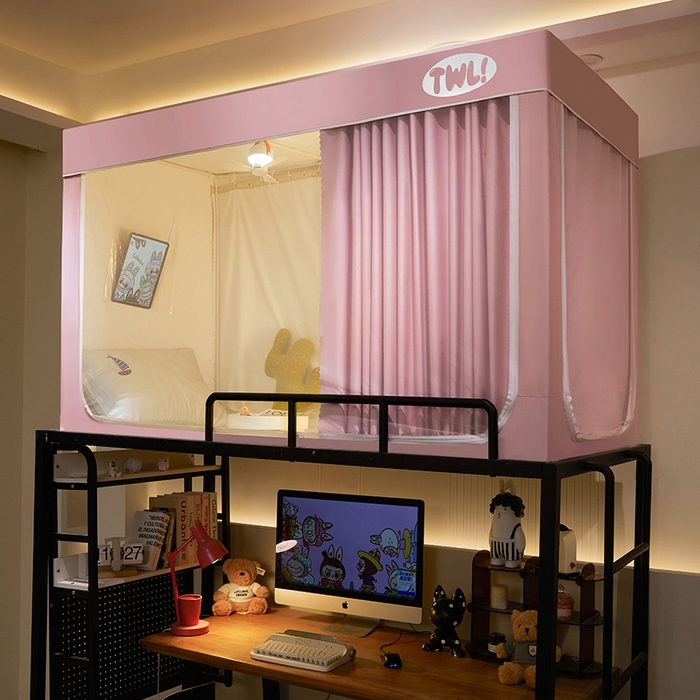 91家纺网 家纺一手货源 找家纺 青竹苑 2025新款覆膜遮光印花学生坐床蚊帐 粉