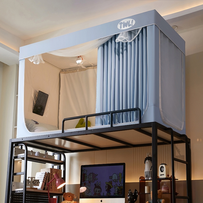 91家纺网 家纺一手货源 找家纺 青竹苑 2025新款覆膜遮光印花学生坐床蚊帐 蓝