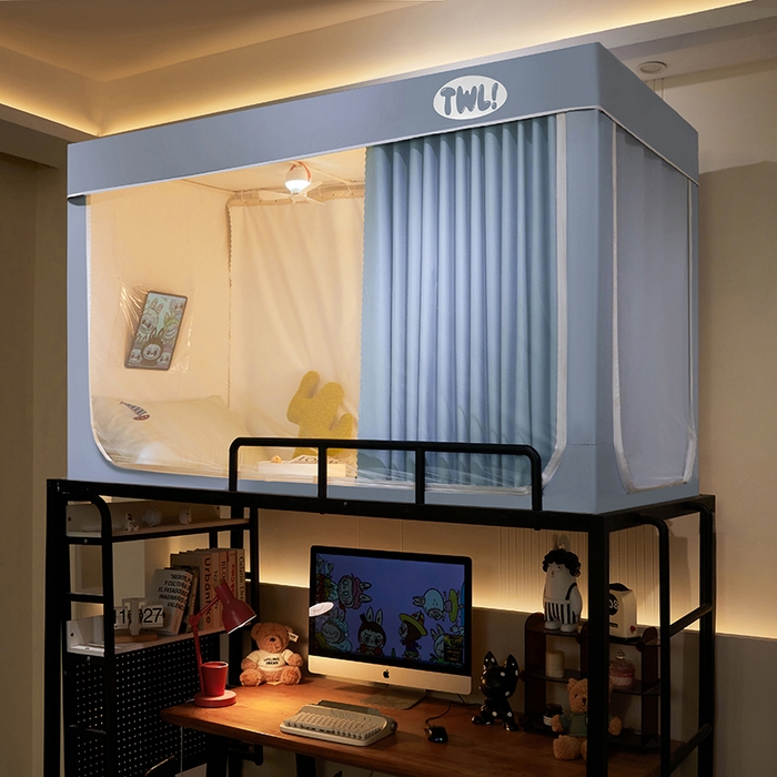 91家纺网 家纺一手货源 找家纺 青竹苑 2025新款覆膜遮光印花学生坐床蚊帐 蓝