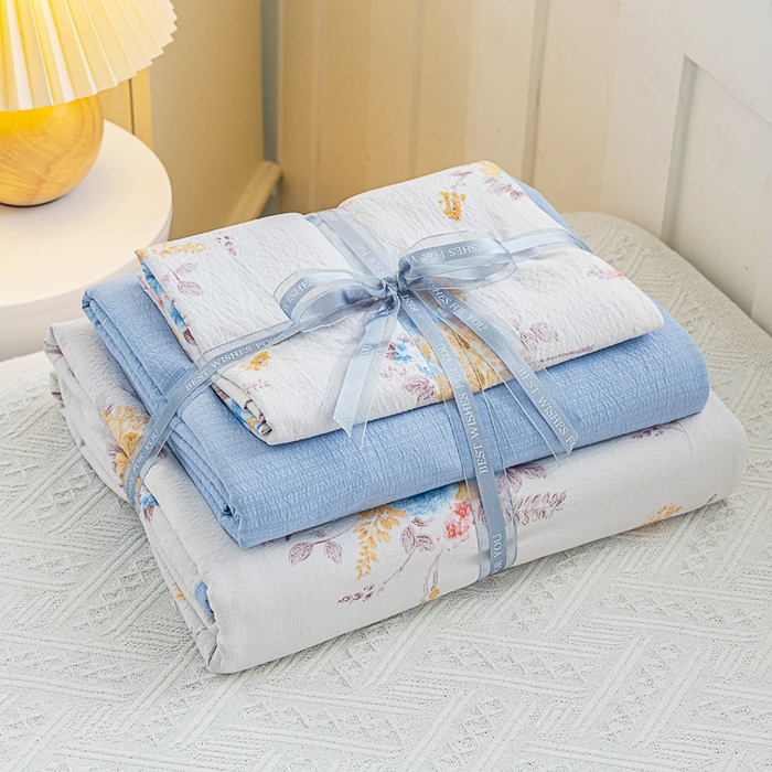 91家纺网 家纺一手货源 找家纺 奇丝雅 2025新款A类有氧超柔云感双层纱皱皱纱学生宿舍三件套家用四件套单被套 半岛慕尚