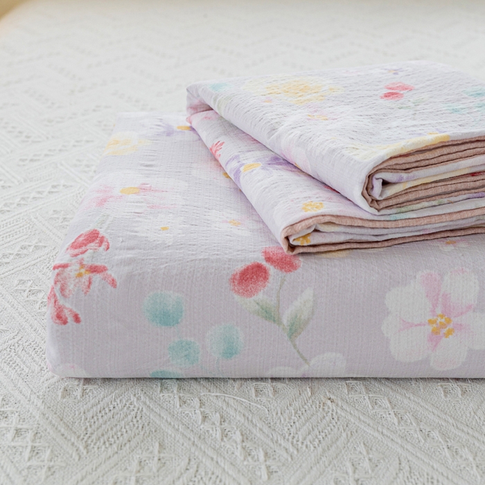 91家纺网 家纺一手货源 找家纺 奇丝雅 2025新款A类有氧超柔云感双层纱皱皱纱学生宿舍三件套家用四件套单被套 朵朵田园