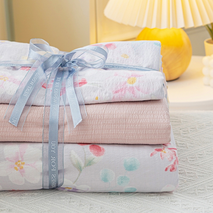 91家纺网 家纺一手货源 找家纺 奇丝雅 2025新款A类有氧超柔云感双层纱皱皱纱学生宿舍三件套家用四件套单被套 朵朵田园