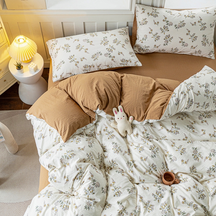 91家纺网 家纺一手货源 找家纺 奇丝雅 2025新款A类有氧超柔云感双层纱皱皱纱学生宿舍三件套家用四件套单被套 山茶花