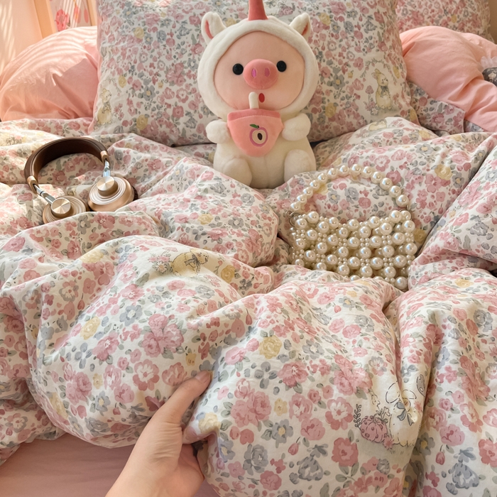 91家纺网 家纺一手货源 找家纺 （总）彩韵家纺 2025新款水洗双层纱双拼碎花四件套