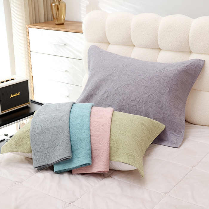 91家纺网 家纺一手货源 找家纺 （总）朴尔家纺-毛巾被 2025新款浮雕凤尾花纯色全棉纯棉三层纱布枕巾单枕巾枕巾单件