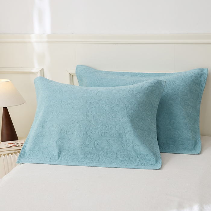 91家纺网 家纺一手货源 找家纺 朴尔家纺-毛巾被 2025新款浮雕凤尾花纯色全棉纯棉三层纱布枕巾单枕巾枕巾单件 浮雕凤尾花-蓝