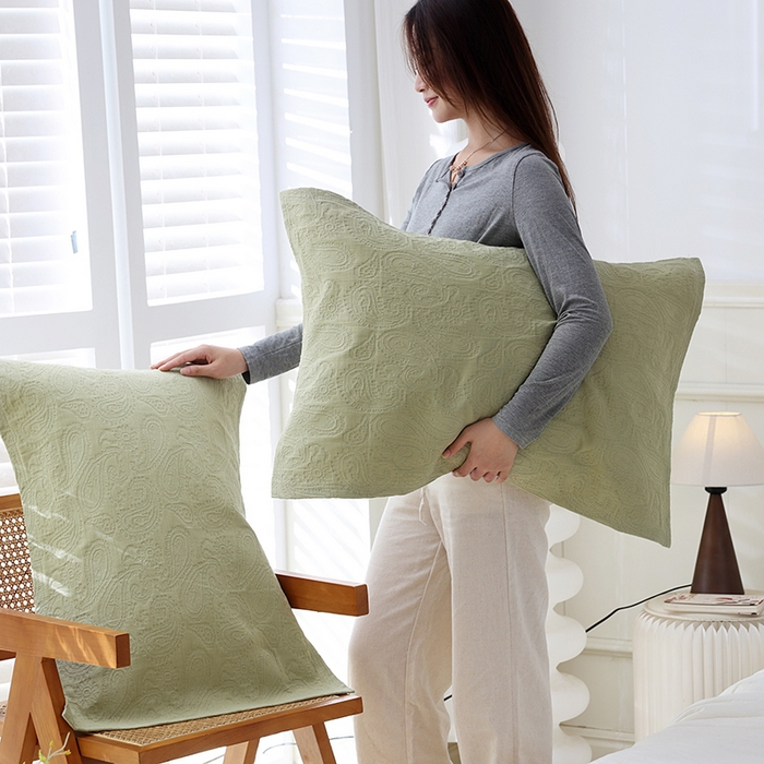 91家纺网 家纺一手货源 找家纺 朴尔家纺-毛巾被 2025新款浮雕凤尾花纯色全棉纯棉三层纱布枕巾单枕巾枕巾单件 浮雕凤尾花-抹茶