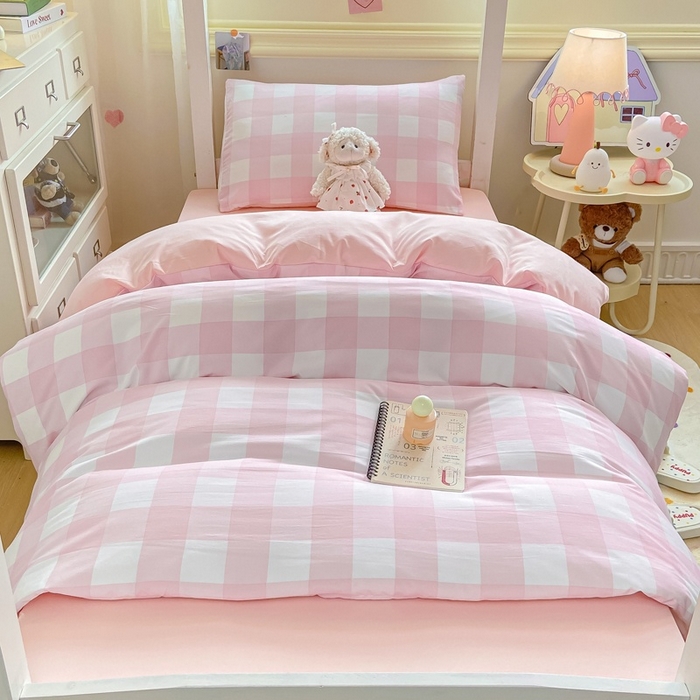 91家纺网 家纺一手货源 找家纺 麒东家纺 2025新款开学季学生ins风条纹方格水洗四件套学生上下铺三件套 方格蓝色