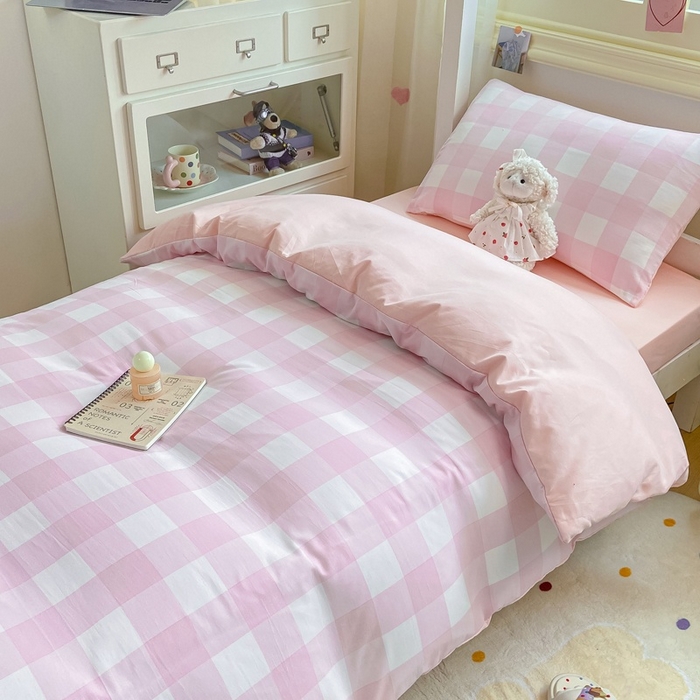 91家纺网 家纺一手货源 找家纺 麒东家纺 2025新款开学季学生ins风条纹方格水洗四件套学生上下铺三件套 方格蓝色