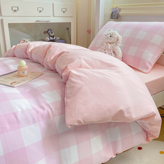 91家纺网 家纺一手货源 找家纺 麒东家纺 2025新款开学季学生ins风条纹方格水洗四件套学生上下铺三件套 方格蓝色