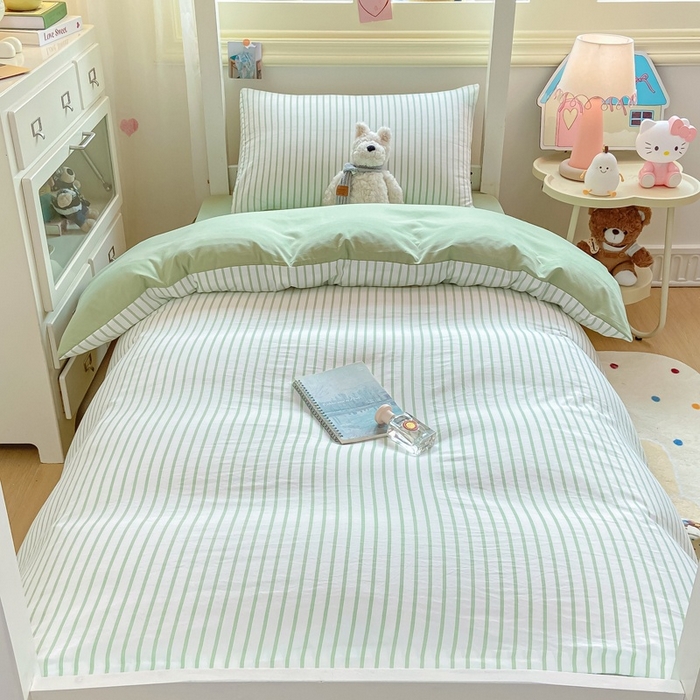 91家纺网 家纺一手货源 找家纺 麒东家纺 2025新款开学季学生ins风条纹方格水洗四件套学生上下铺三件套 条纹绿色
