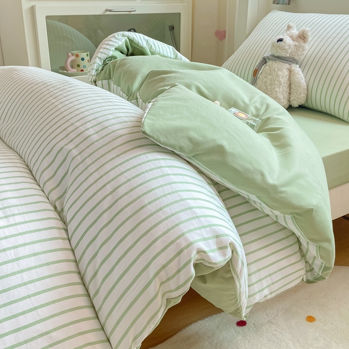 91家纺网 家纺一手货源 找家纺 麒东家纺 2025新款开学季学生ins风条纹方格水洗四件套学生上下铺三件套 条纹绿色