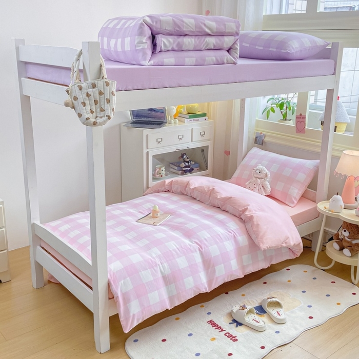 91家纺网 家纺一手货源 找家纺 麒东家纺 2025新款开学季学生ins风条纹方格水洗四件套学生上下铺三件套 方格蓝色