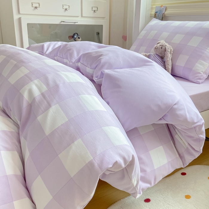 麒东家纺 2025新款开学季学生ins风条纹方格水洗四件套学生上下铺三件套 条纹粉色