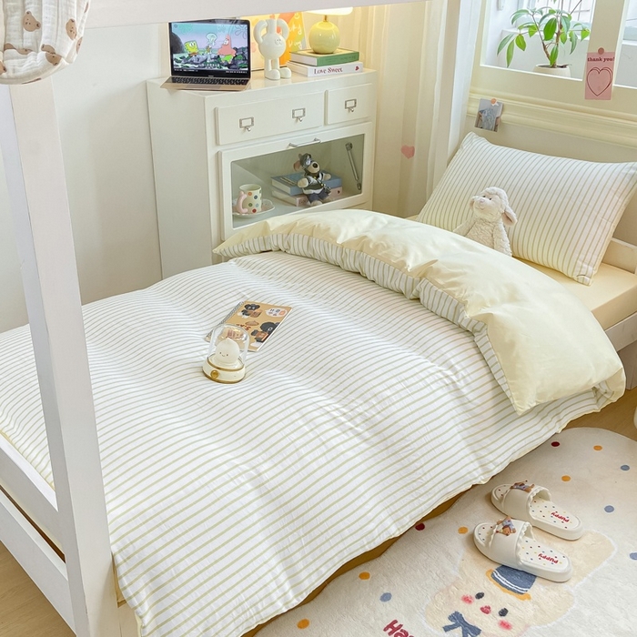 91家纺网 家纺一手货源 找家纺 麒东家纺 2025新款开学季学生ins风条纹方格水洗四件套学生上下铺三件套 条纹黄色