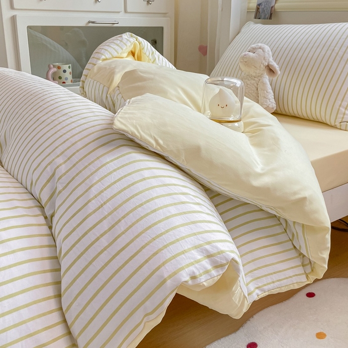 91家纺网 家纺一手货源 找家纺 麒东家纺 2025新款开学季学生ins风条纹方格水洗四件套学生上下铺三件套 条纹黄色