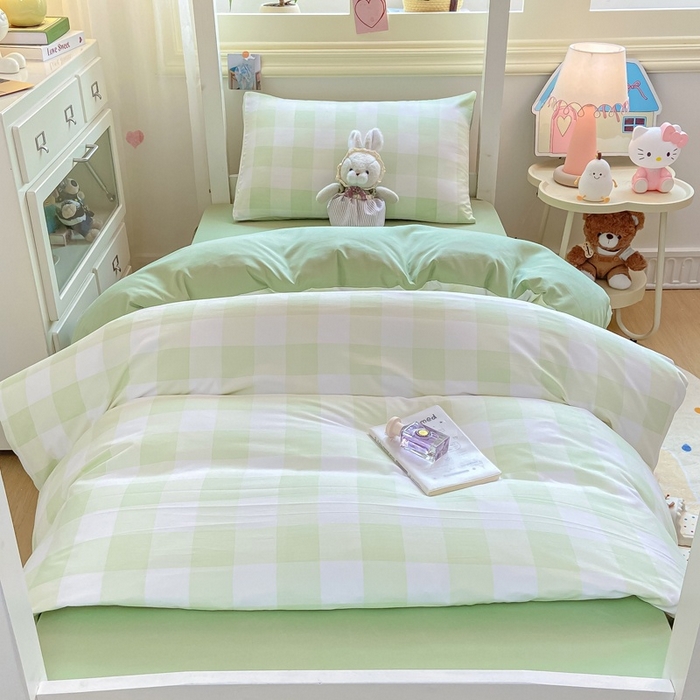 91家纺网 家纺一手货源 找家纺 麒东家纺 2025新款开学季学生ins风条纹方格水洗四件套学生上下铺三件套 方格紫色