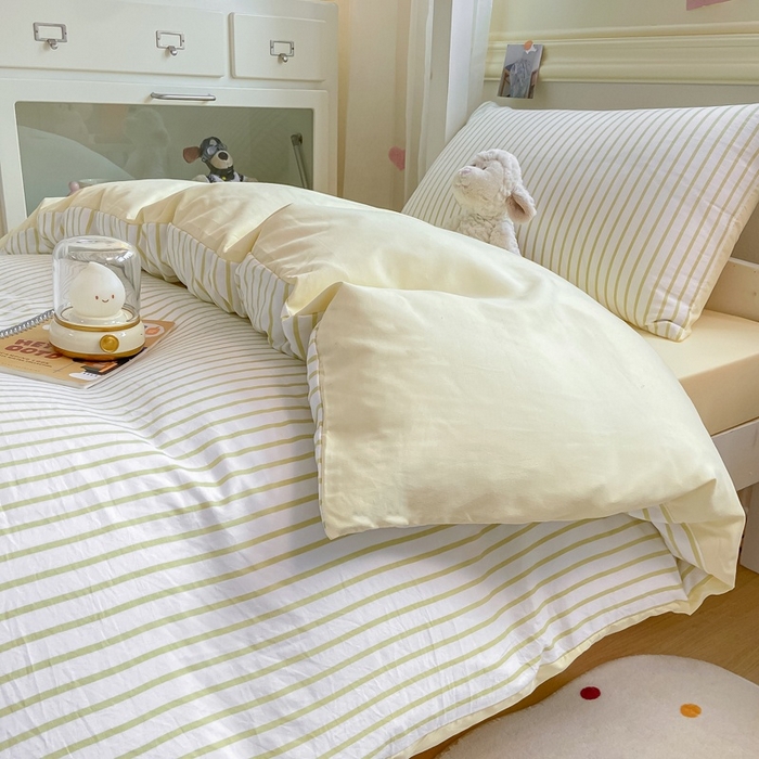 91家纺网 家纺一手货源 找家纺 麒东家纺 2025新款开学季学生ins风条纹方格水洗四件套学生上下铺三件套 条纹黄色