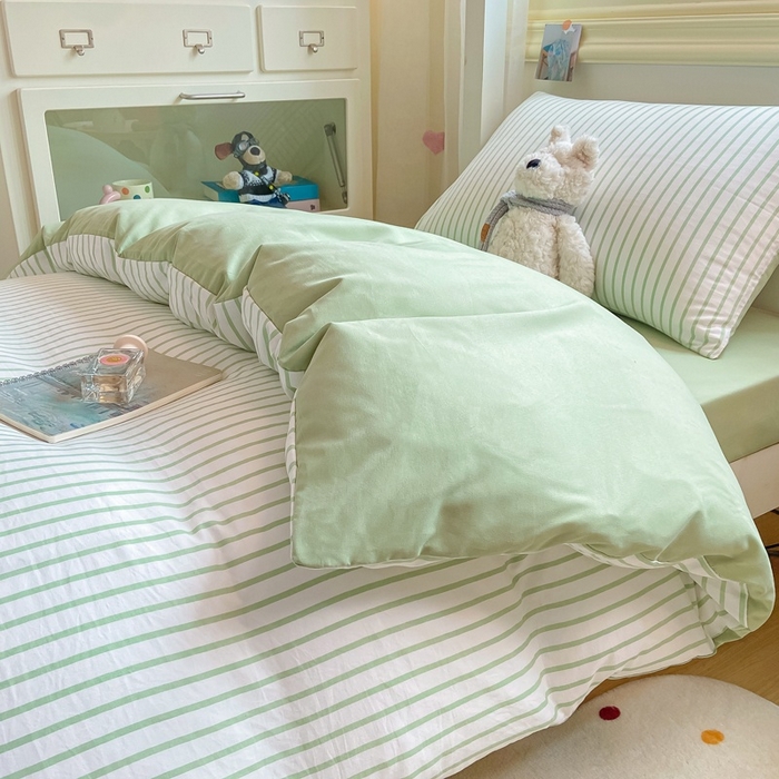 91家纺网 家纺一手货源 找家纺 麒东家纺 2025新款开学季学生ins风条纹方格水洗四件套学生上下铺三件套 条纹绿色