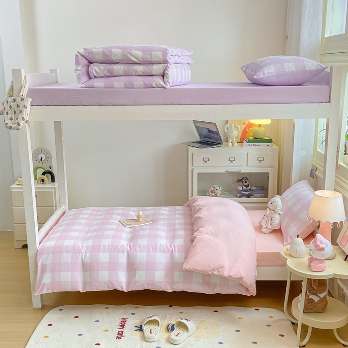 91家纺网 家纺一手货源 找家纺 麒东家纺 2025新款开学季学生ins风条纹方格水洗四件套学生上下铺三件套 方格蓝色