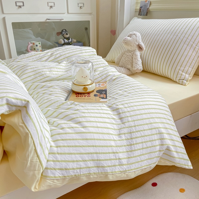 91家纺网 家纺一手货源 找家纺 麒东家纺 2025新款开学季学生ins风条纹方格水洗四件套学生上下铺三件套 条纹黄色