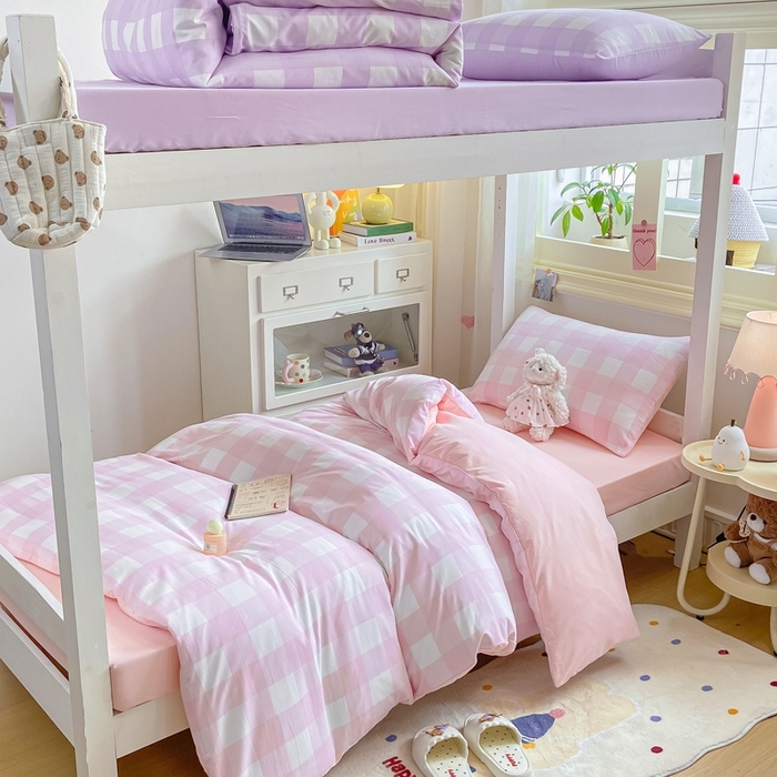 91家纺网 家纺一手货源 找家纺 麒东家纺 2025新款开学季学生ins风条纹方格水洗四件套学生上下铺三件套 方格蓝色