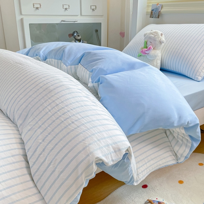 麒东家纺 2025新款开学季学生ins风条纹方格水洗四件套学生上下铺三件套 条纹蓝色