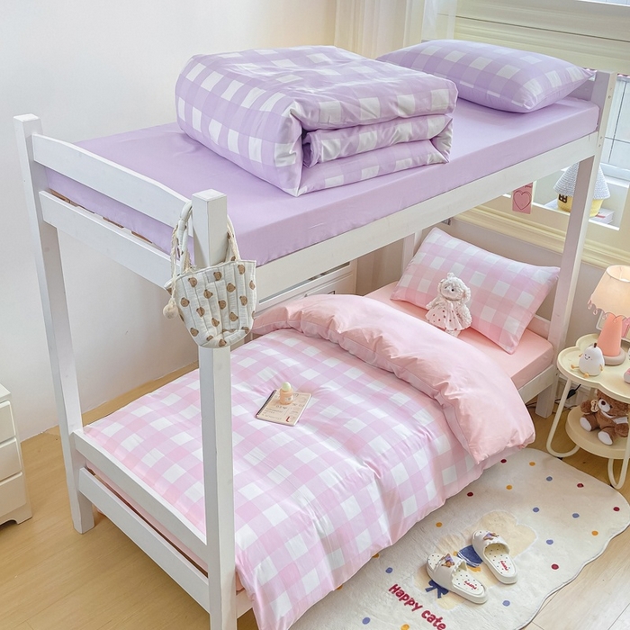 91家纺网 家纺一手货源 找家纺 麒东家纺 2025新款开学季学生ins风条纹方格水洗四件套学生上下铺三件套 方格蓝色